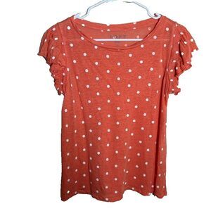 Loft T-Shirt Women's Small Orange Polka Dot Short Sleeve Ruffle Linen Top